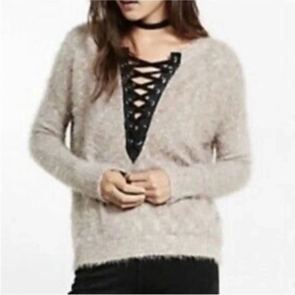 EXPRESS | Mauve Fuzzy Eyelash Sweater Lace Up Front Plunge Cut - Picture 1 of 8